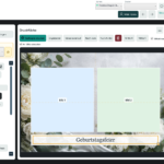 Studio-Vorlageneditor mit floralem Drucklayout, zwei Fotofeldern und Ebenenverwaltung