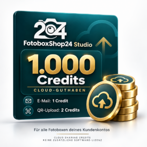 1.000 Cloud-Credits für FotoboxShop24 Studio; eine E-Mail kostet einen Credit, ein QR-Upload zwei Credits.
