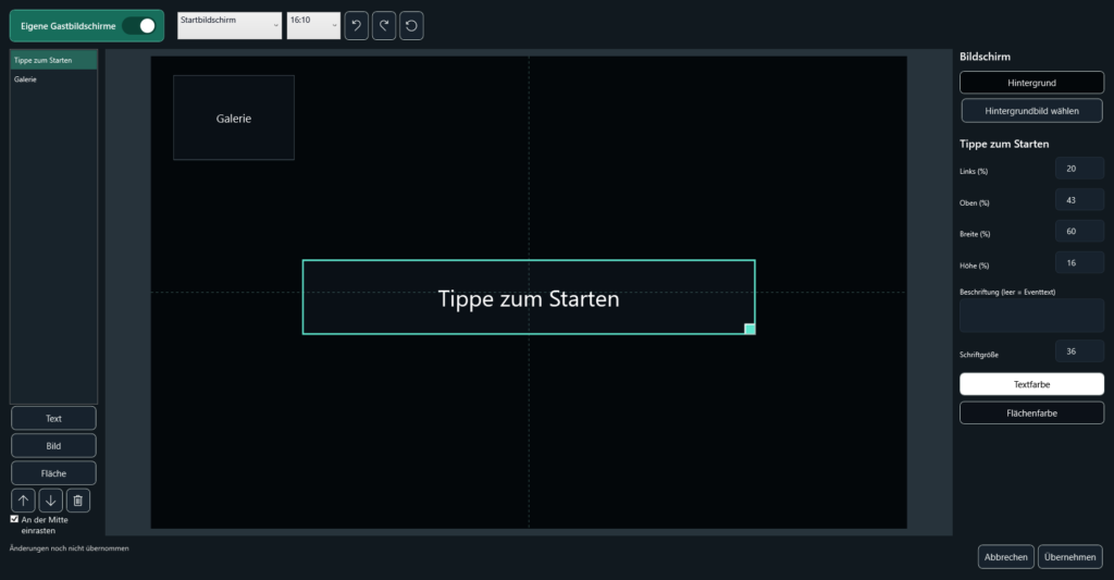 Gastbildschirm-Gestalter mit anpassbarer Startfläche, Farben und Schriftgröße