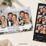 Layoutbeispiele: florales Hochzeits-Fotolayout und schwarz-goldener Fotostreifen