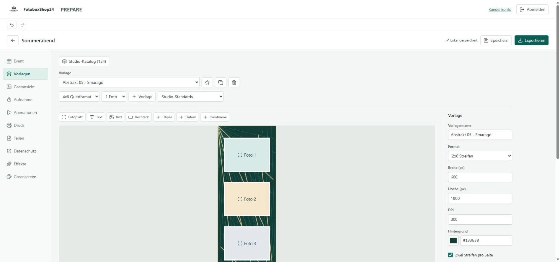 PREPARE: Fotostreifen im Browser gestalten PREPARE-Layouteditor mit einer grünen Fotostreifen-Vorlage und Fotofeldern